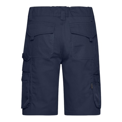 Marineblauwe werkshort van polyester-katoenmix met meerdere zakken.