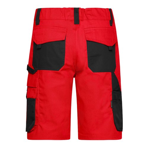 Rode en zwarte werkshort van polyester-katoenmix met meerdere zakken.