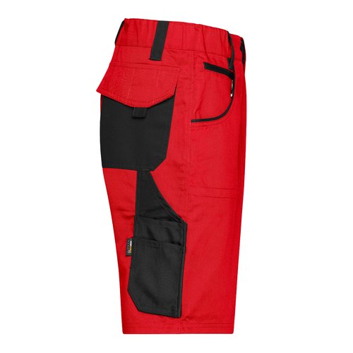 Rode en zwarte werkshort van polyester-katoenmix met meerdere zakken.