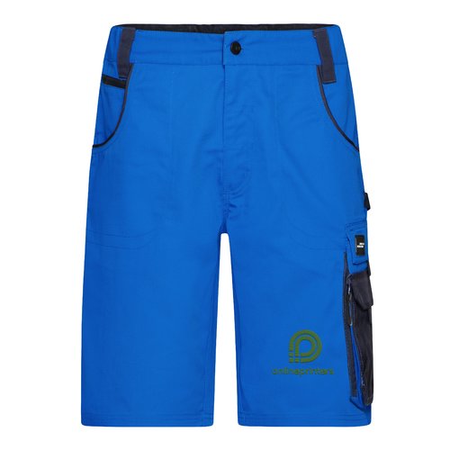 Blauwe werkshort van polyester-katoenmix met meerdere zakken.