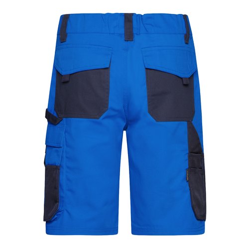 Blauwe werkshort van polyester-katoenmix met meerdere zakken.