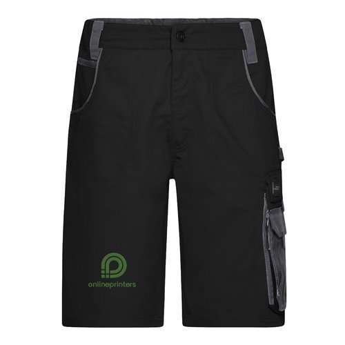Zwart-grijze werkshort van polyester-katoenmix met meerdere zakken.