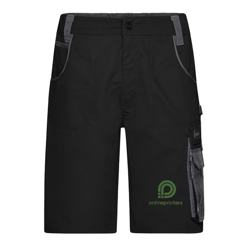 Zwart-grijze werkshort van polyester-katoenmix met meerdere zakken.