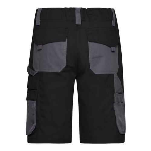 Zwarte en grijze werkshort van polyester-katoenmix met meerdere zakken.