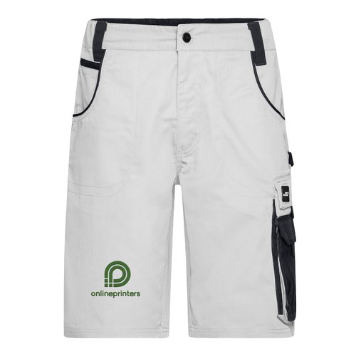 Wit-grijze werkshort van polyester-katoenmix met meerdere zakken.