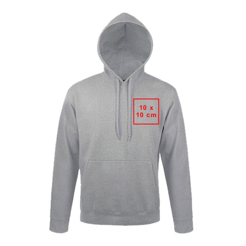 Grijze unisex hoodie met kangoeroezak en trekkoord.