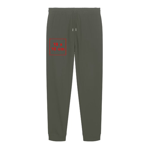 Groene stoffen joggingbroek met elastische tailleband en trekkoord.