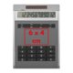 Grijze rekenmachine met toetsenbord en display.