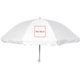 Witte stoffen parasol met metalen frame en afgeronde hoeken.