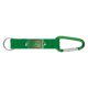 Groene textiele sleutelhanger met karabijnhaak en metalen ring.