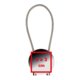 Metalen sleutelhanger met ronde hanger en staalkabel.