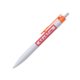 Witte plastic balpen met oranje clip en drukmechanisme.