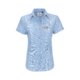 Oxford blauwe katoenen damesblouse met korte mouwen en knoopsluiting.