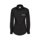 Zwarte stoffen blouse met lange mouwen en knoopsluiting.