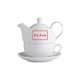 Wit keramisch theeservies, bestaande uit theepot, kop en schotel.