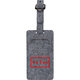 Grijze vilten bagagelabel met metalen gesp en gleuf.
