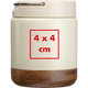 Beige metalen voedselcontainer met houten voet en handvat.