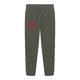 Groene stoffen joggingbroek met elastische tailleband en trekkoord.
