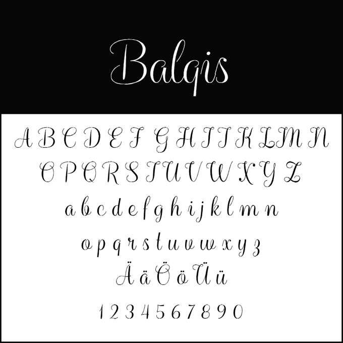 Voorbeeld van het Balqis-lettertype met een elegant, cursief schrift (te onderscheiden van de gebrochene Schriften) voor hoofdletters, kleine letters, geaccentueerde letters (Ä, Ö, Ü) en de cijfers 0–9 in het zwart op een witte achtergrond.