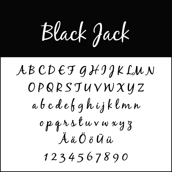 Voorbeeld van het Black Jack-lettertype in cursieve stijl, met Engelse hoofdletters en kleine letters, Duitse umlauts (Ä, Ö, Ü, ä, ö, ü) en de cijfers 0 tot en met 9.