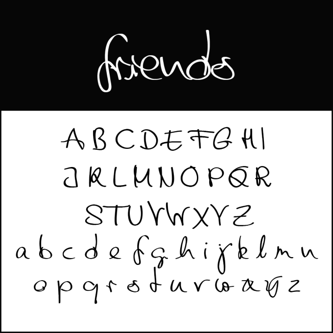 In een handgeschreven lettertype met de titel friends wordt het woord in cursief weergegeven, gevolgd door het volledige Engelse alfabet in hoofdletters en kleine letters, in een ongedwongen, speelse stijl die doet denken aan moderne gebrochene Schriften.