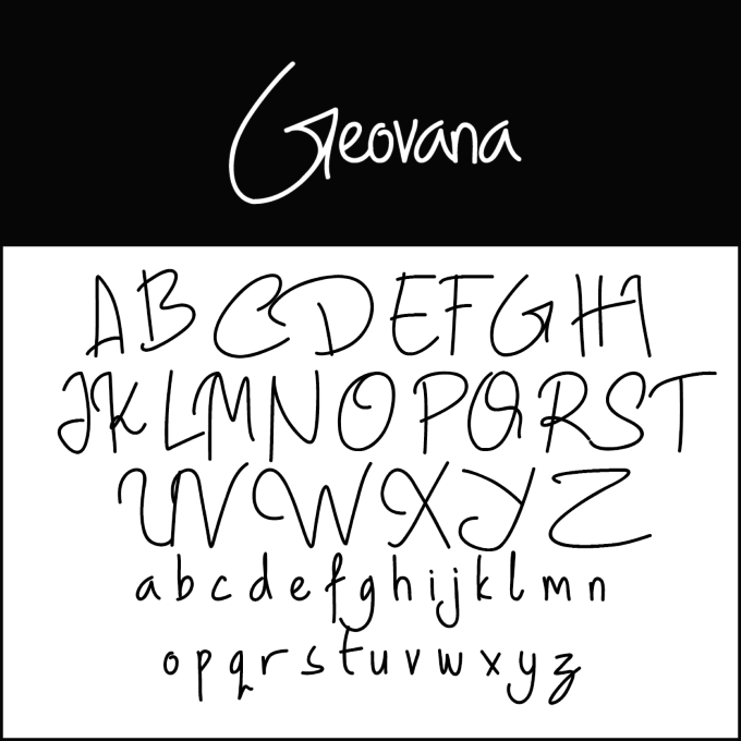 Handgeschreven lettertypevoorbeeld met de titel Geovana met hoofdletters en kleine letters uit het Engelse alfabet in een informele, speelse stijl, weergegeven op een zwart-witte achtergrond.