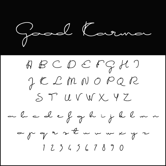 Er wordt een handgeschreven, cursief lettertype met de naam Good Karma weergegeven. De afbeelding toont hoofdletters en kleine letters, evenals de cijfers 0-9, allemaal in een dun, elegant schrift.
