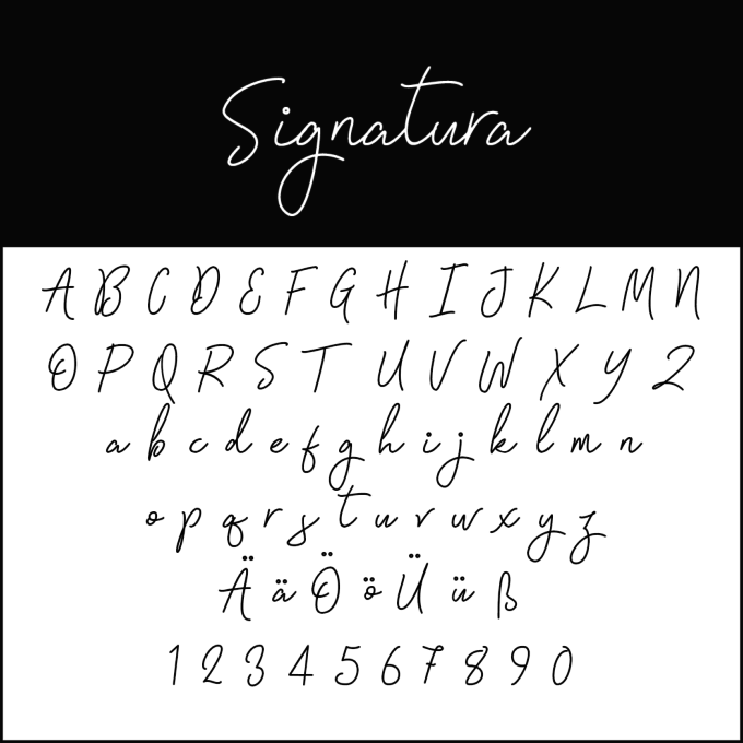 Een handgeschreven scriptlettertype met de naam Signatura, met hoofdletters en kleine letters in het Engels, Duitse umlauts (Ä, Ö, Ü) en de cijfers 0-9 in een elegante, cursieve stijl, in contrast met de traditionele gebrochene Schriften, op een zwart-witte achtergrond.