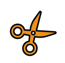 Eenvoudige illustratie van een oranje schaar met zwarte omtrekken, open tegen een witte achtergrond.