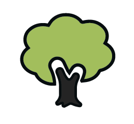 Een eenvoudige illustratie van een boom met een dikke, zwarte stam en een ronde, groene bladertop met een zwarte rand, tegen een witte achtergrond.