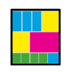 Een vierkant dat in negen kleinere rechthoeken is verdeeld in een raster; blauw linksboven, geel rechtsboven en links in het midden, magenta in het midden, groen linksonder en in het midden, en blauw rechtsonder.