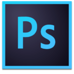 Blauwe Ps-letters op een donkere achtergrond binnen een lichtblauwe vierkante rand, die het Adobe Photoshop-toepassingspictogram voorstellen, vaak gebruikt om afdrukken van hoge kwaliteit te maken.