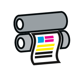 Illustratie van een drukpersrol met een vel papier met cyaan, magenta, geel en zwarte kleurblokken, die het CMYK-drukproces voorstellen.