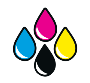 Vier grote druppels in cyaan, magenta, geel en zwart zijn in een ruitvorm op een witte achtergrond gerangschikt. Deze druppels vertegenwoordigen het CMYK-kleurmodel dat bij het drukken wordt gebruikt.