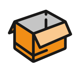 Een eenvoudige illustratie van een open oranje kartonnen doos met één opgetilde klep. De doos is zwart omlijnd en de binnenkant is grijs gearceerd.