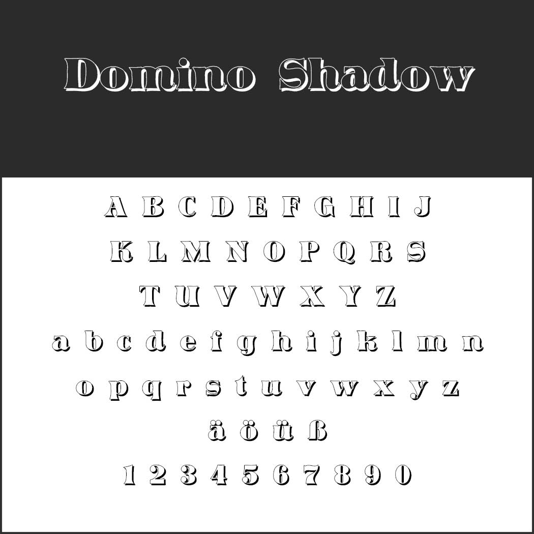 Een tekstvoorbeeld met de titel Domino Shadow toont een alfabet met hoofdletters, kleine letters, speciale tekens en cijfers in een gestileerd, schaduwachtig lettertype.