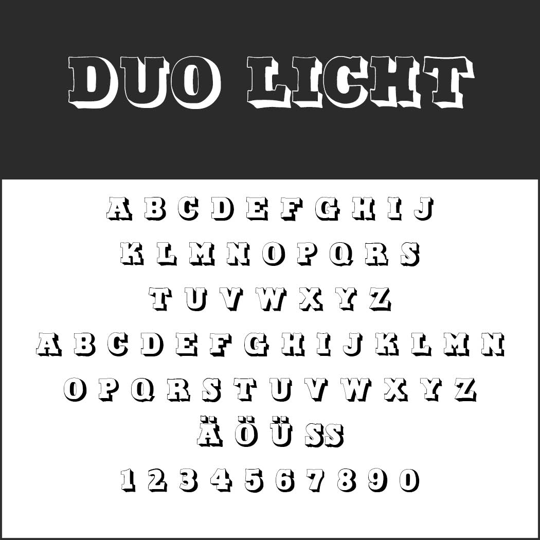 Er wordt een decoratief lettertype met de titel Duo Licht getoond. De letters A tot en met Z, zowel hoofdletters als kleine letters, worden weergegeven met de extra tekens: Ä, Ö, Ü, ß en de cijfers 0 tot en met 9. Het lettertype is vetgedrukt en heeft een contour.