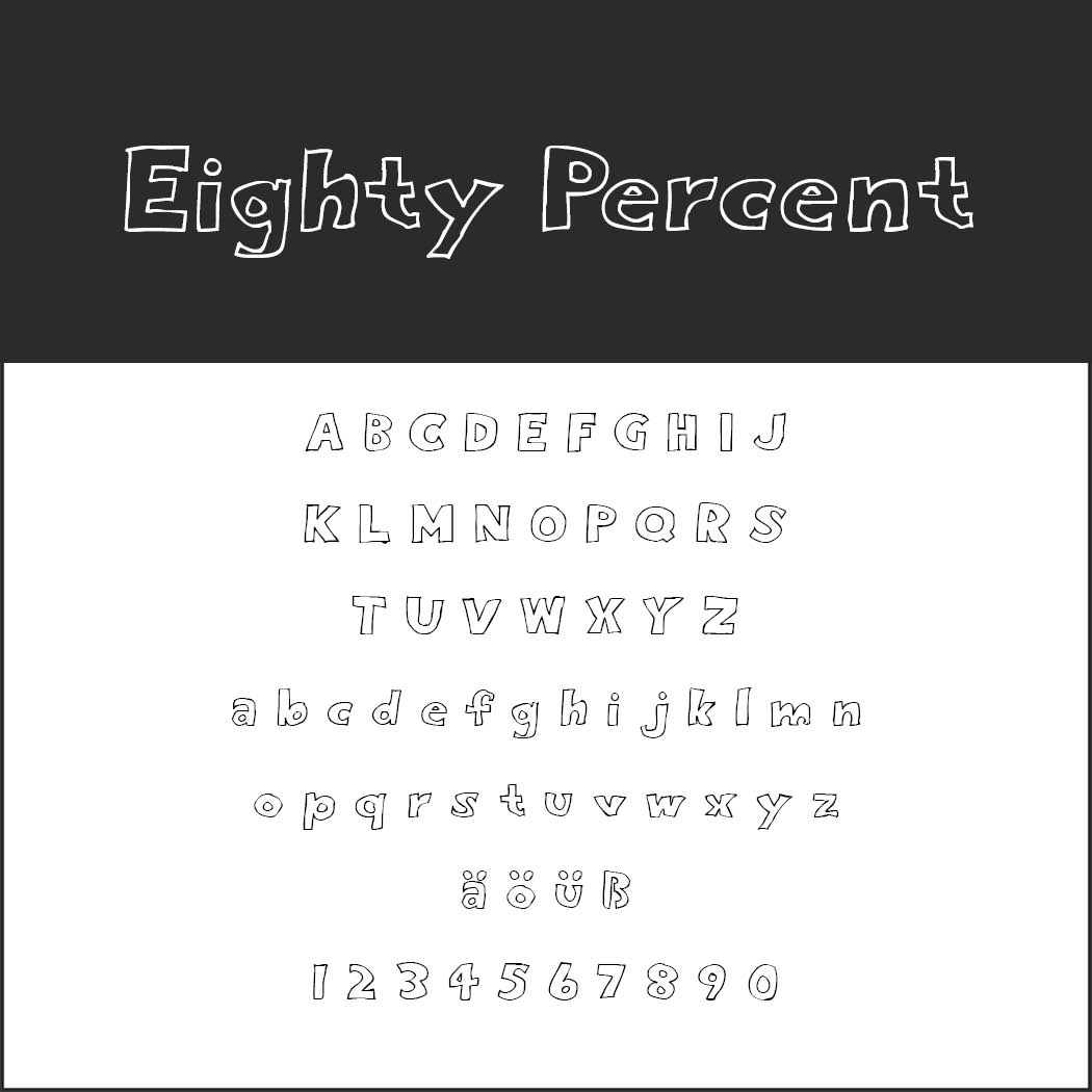 Een zwart-witafbeelding met het lettertype Eighty Percent. Het toont hoofdletters A-Z, kleine letters a-z, umlautklinkers (ä, ö, ü) en de cijfers 0-9, in een speelse, handgetekende stijl.