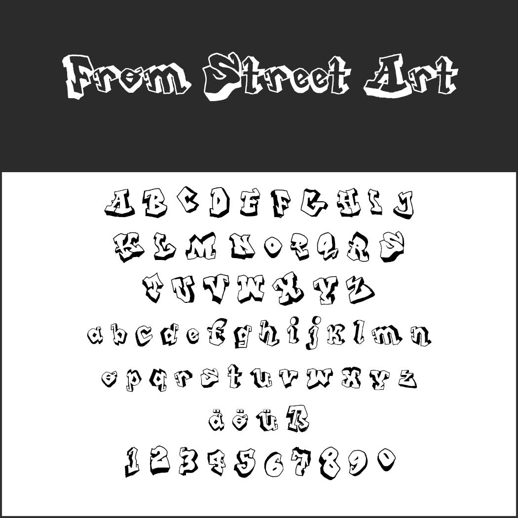 Alfabet en cijfers in een graffiti-achtig lettertype. De tekst 'From Street Art' staat bovenaan. De letters bestaan uit hoofdletters A-Z, kleine letters a-z, cijfers 0-9 en letters met diakritische tekens. De achtergrond is zwart-wit.