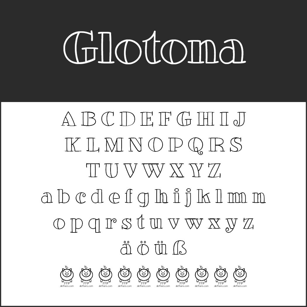 Een zwart-witweergave van het Glotona-lettertype, met hoofdletters en kleine letters. Speciale tekens zijn onder andere ä, ö, ü en ß. Het lettertype heeft een gestileerd, decoratief ontwerp. Het logo en de pictogrammen van Glotona staan onderaan.