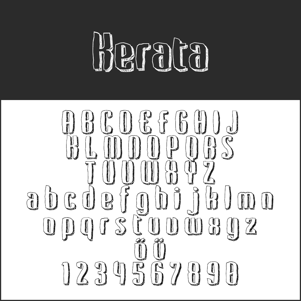 Voorbeeld van een Kerata-lettertype met hoofdletters, kleine letters, cijfers 0-9 en accenttekens. De letters hebben een gestructureerde, artistieke stijl. De achtergrond is verdeeld: donker aan de bovenkant en licht aan de onderkant voor contrast.