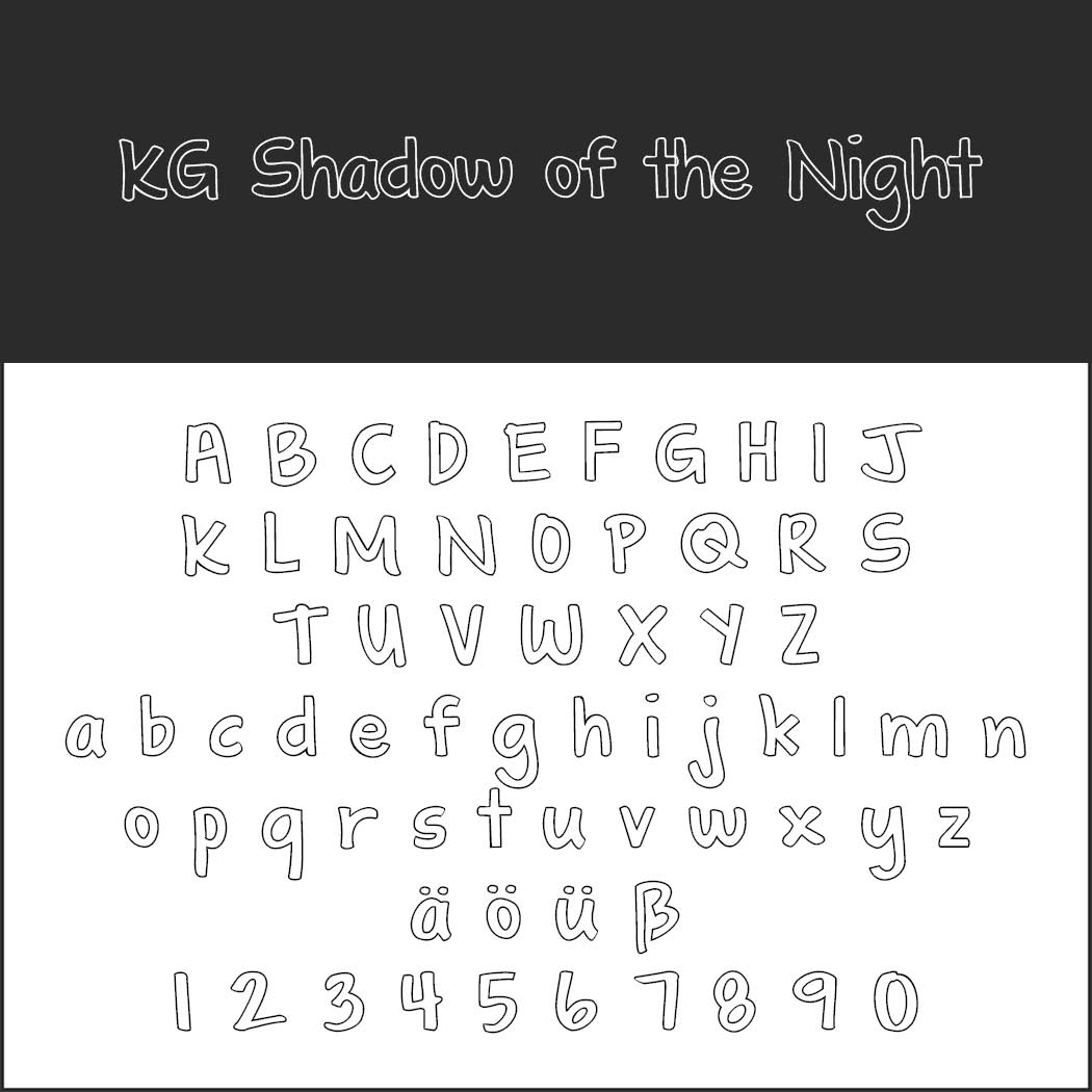 Alfabetkaart met hoofdletters, kleine letters en speciale tekens in een speels, omlijnd lettertype genaamd KG Shadow of the Night. De kaart bevat de cijfers 0-9 en de umlauten ä, ö, ü en β.