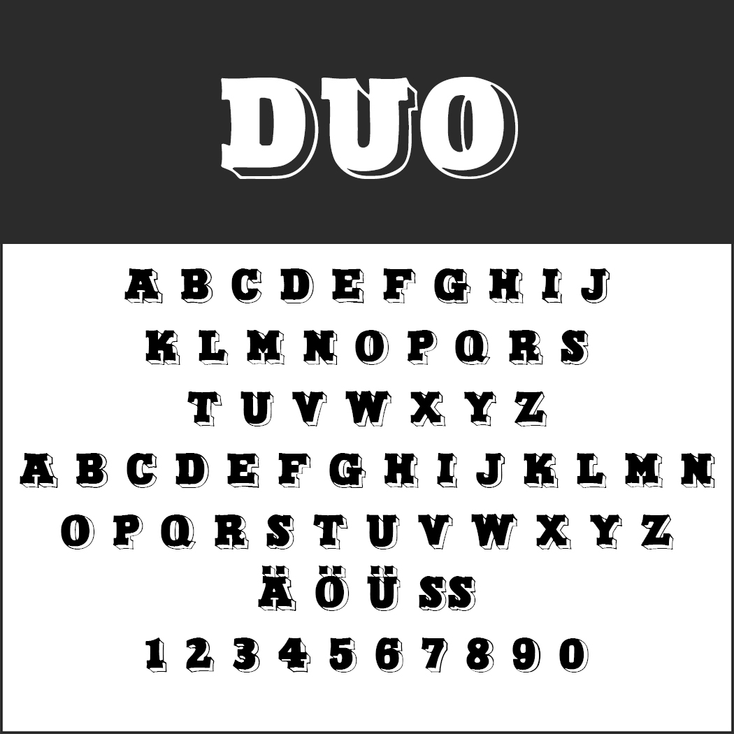 Een zwart-witafbeelding toont een gestileerd posterlettertype genaamd DUO. Het alfabet wordt weergegeven in hoofdletters, inclusief standaard Engelse letters en tekens zoals Ä, Ö, Ü en ß. De cijfers 0 tot en met 9 zijn ook naadloos geïntegreerd.