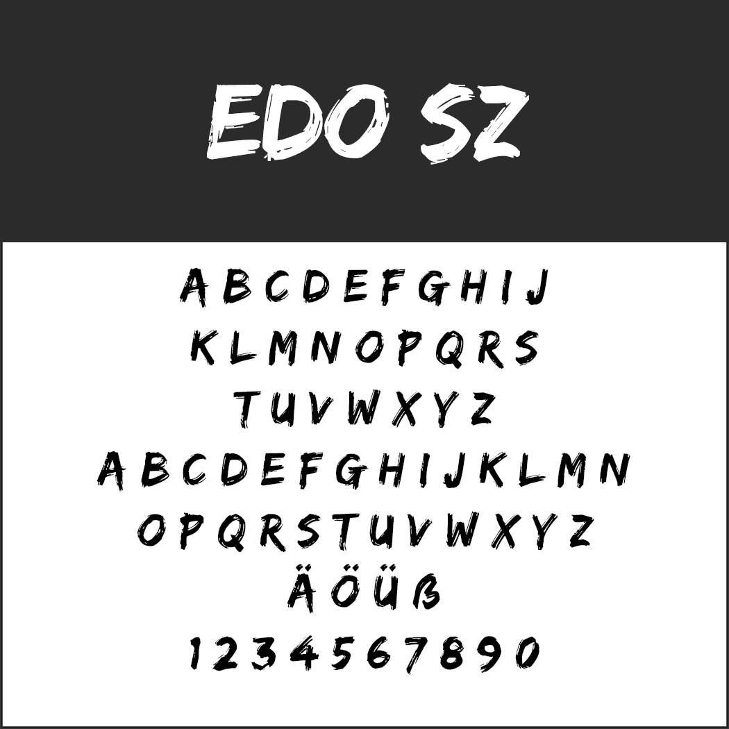 Een opvallend, handgetekend lettertype met de titel EDO SZ wordt gepresenteerd in een opvallende posterstijl. Het lettertype bevat hoofdletters A-Z, cijfers 1-9 en speciale tekens zoals Ä, Ö, Ü en ß, allemaal met een ruwe, gestructureerde look op een strakwitte achtergrond.