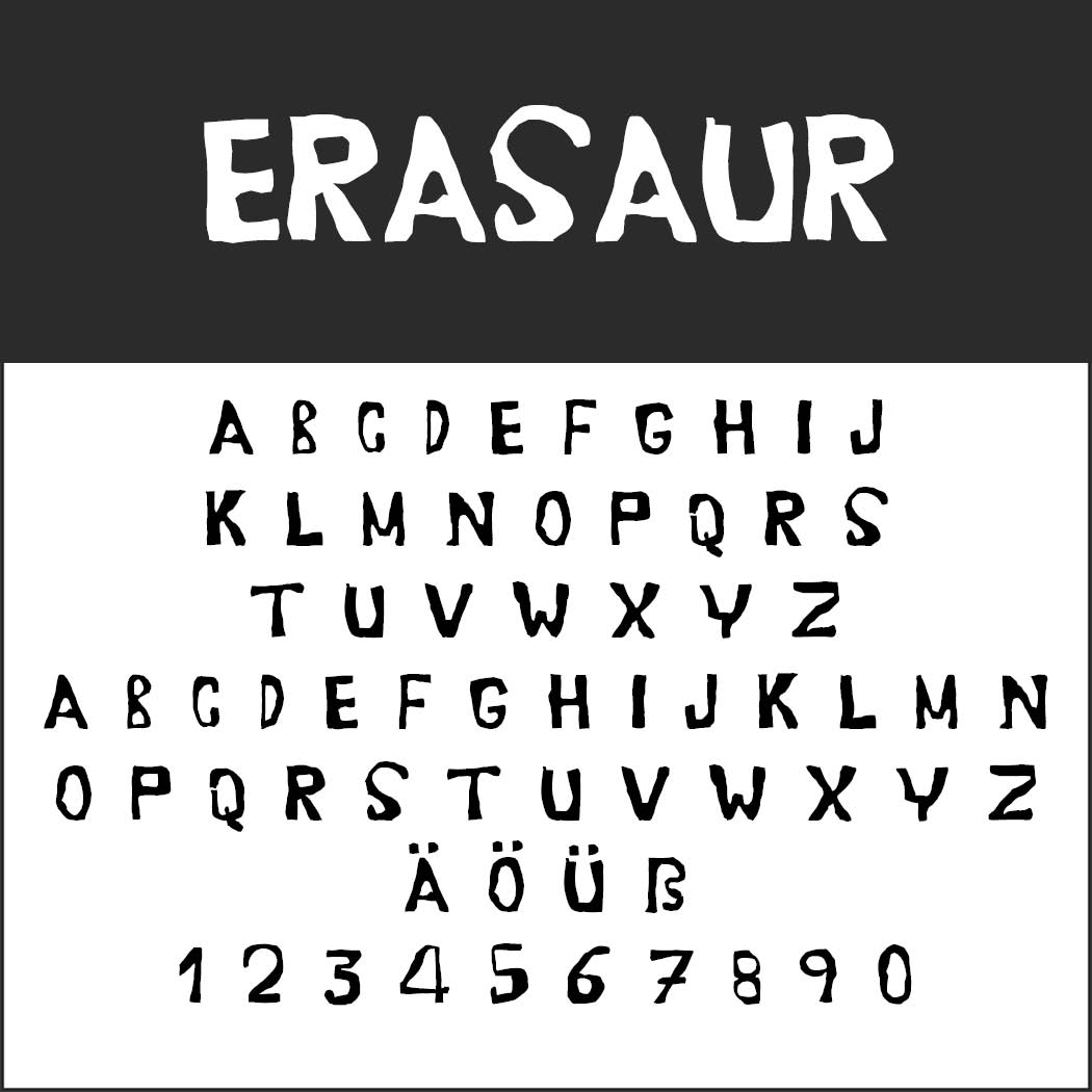 Een gestileerd lettertype genaamd ERASAUR trekt bovenaan de aandacht, perfect voor posterlettertypen. Daaronder komt het hoofdletteralfabet naar voren met een ruwe, geërodeerde uitstraling. De cijfers 0-9 en de speciale tekens Ä, Ö en Ü zijn opgenomen tegen een opvallende zwart-witte achtergrond.