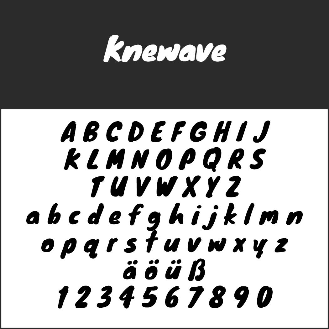 Een zwart-witafbeelding van het lettertype Knewave, perfect voor posterlettertypen. Het bevat hoofdletters en kleine letters, klinkers met een umlaut (ä, ö, ü), de letter ß en cijfers van 0 tot en met 9 in een opvallende, handgeschreven stijl.