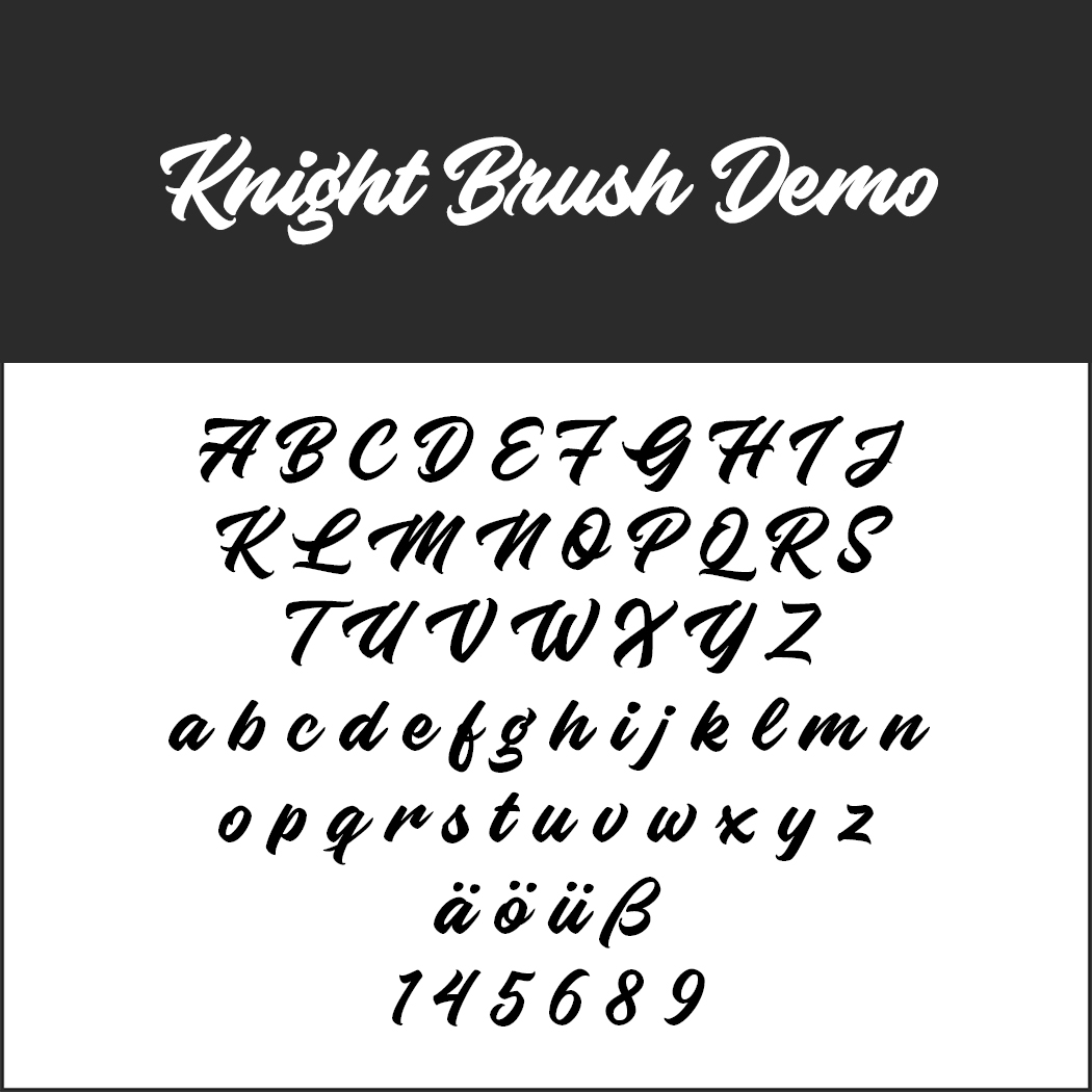 Voorbeeldtekst met de Knight Brush Demo in een opvallend zwart penseellettertype, perfect voor posterlettertypen. Bevat hoofdletters, kleine letters en cijfers. Extra tekens zoals äöüß vergroten de veelzijdigheid. Scherp weergegeven op een wit-zwarte achtergrond.