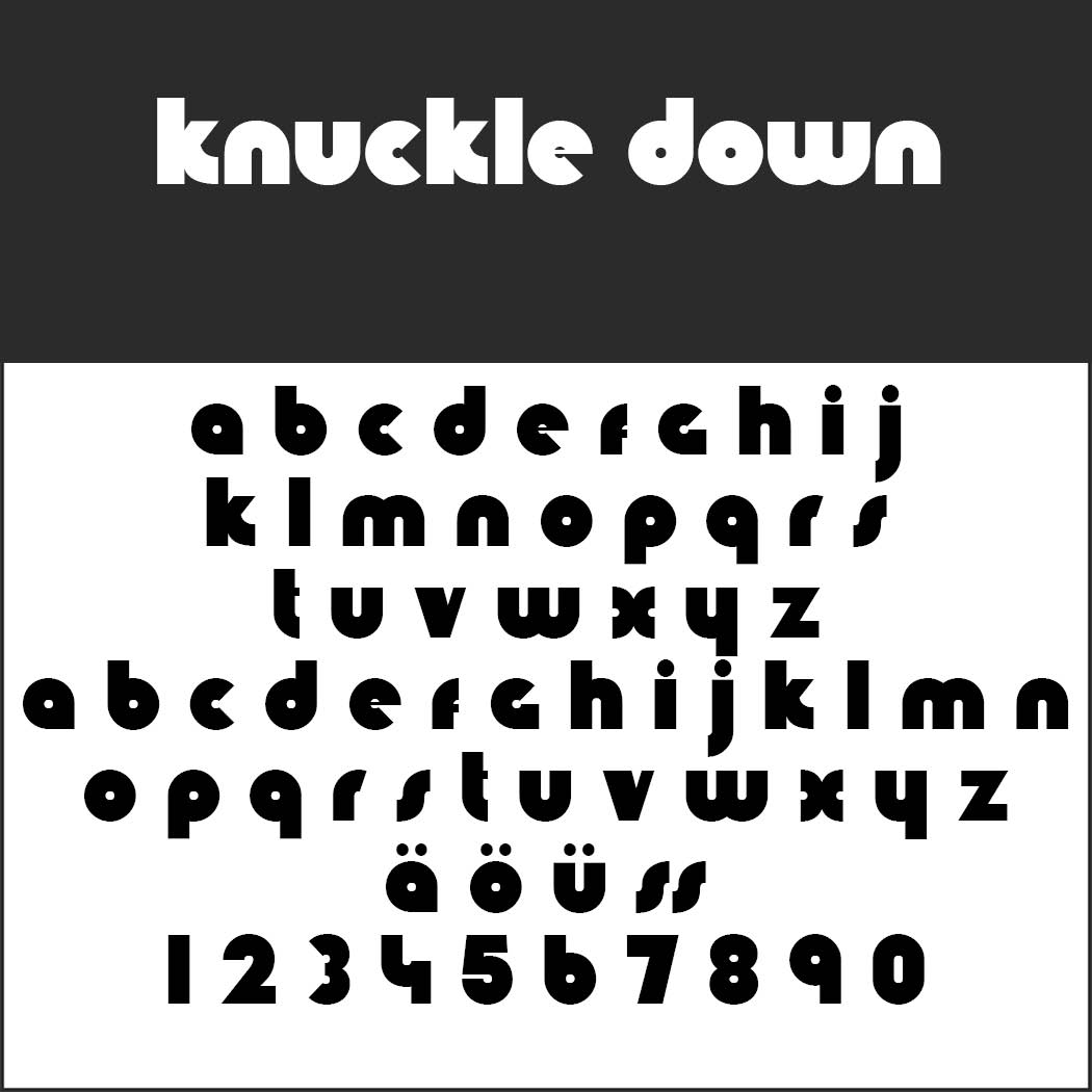 Een zwart-witafbeelding toont een opvallend, geometrisch schreefloos lettertype genaamd Knuckle Down, perfect voor posterlettertypen. Het lettertype bevat alleen kleine letters, speciale tekens zoals äöüß en de cijfers 0-9, tegen een contrasterende achtergrond.