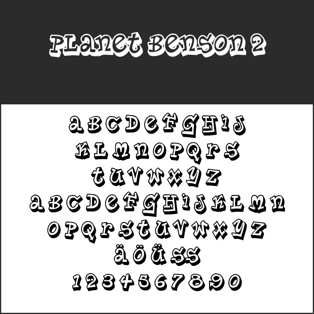 De afbeelding toont het Planet Benson 2-lettertype, perfect voor posterlettertypen. Het bevat hoofdletters en kleine letters, speciale tekens zoals ä, ö, ü en de cijfers 0-9 in een speelse, opvallende stijl. Het contrast tussen een witte achtergrond en een donkere koptekst versterkt de aantrekkingskracht.