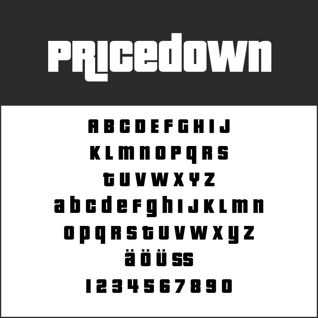 De afbeelding toont het posterlettertype Pricedown, met zijn opvallende, blokkerige karakters. Het bevat Engelse hoofdletters en kleine letters, Duitse umlauts ä, ö, ü, ß en cijfers van 0 tot en met 9. Alles wordt weergegeven op een opvallende tweekleurige achtergrond.